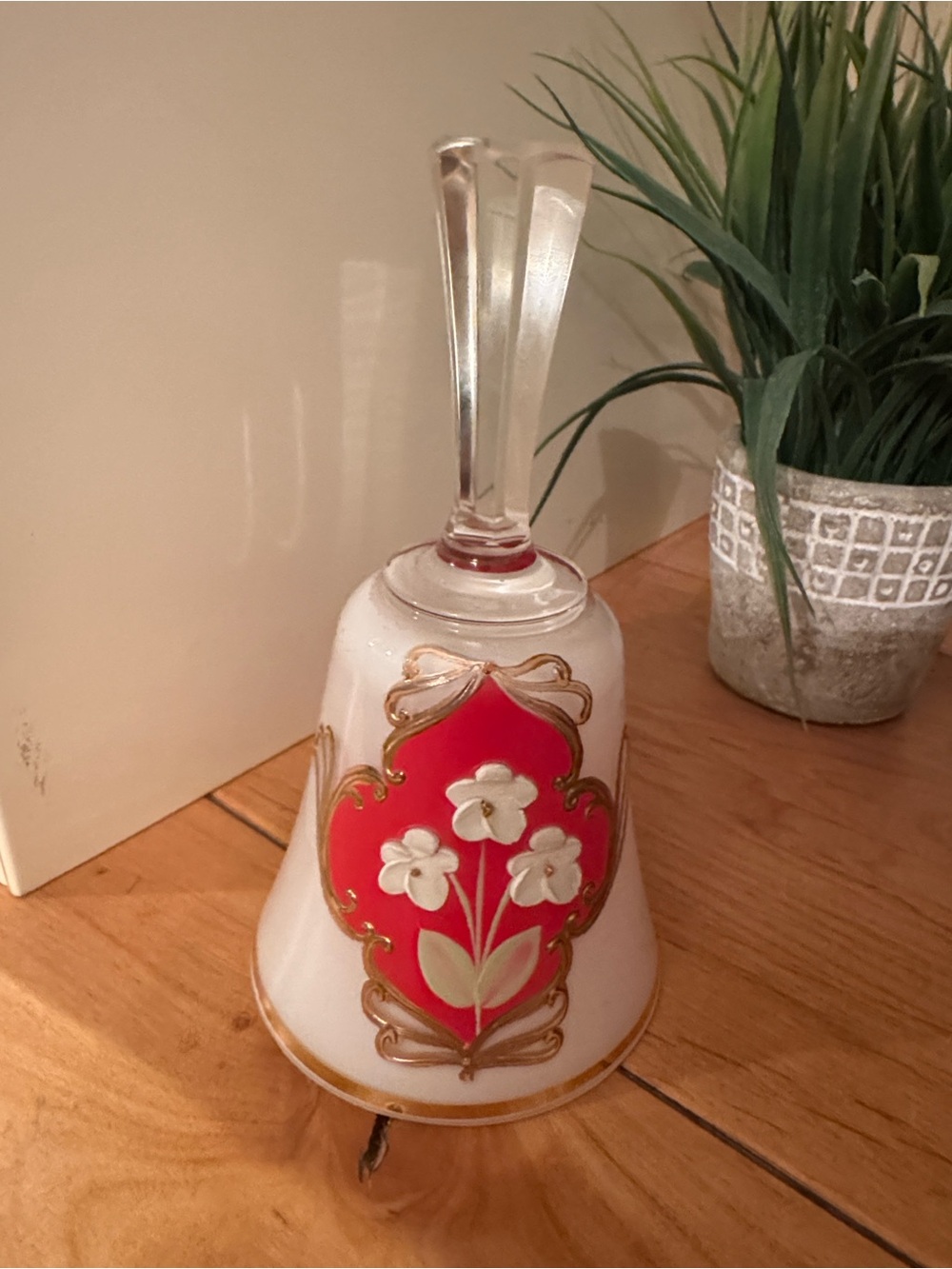 Vintage Bohemian Czech Art Glass Bell White Red Floral Gold Trim 5.5” Tall